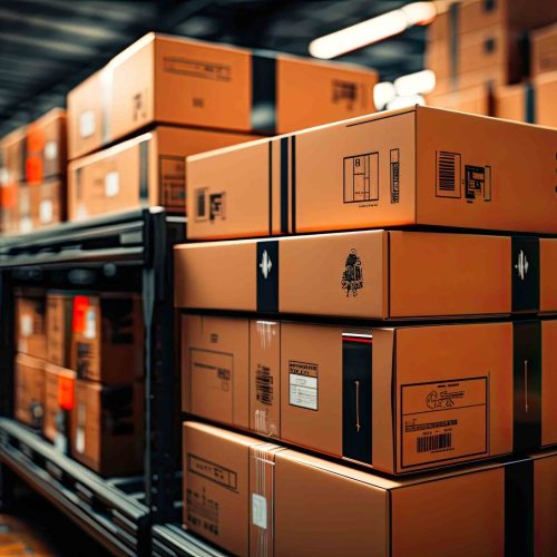 Many cardboard boxes in a large logistics warehouse of an online marketplace for trade and delivery of goods.